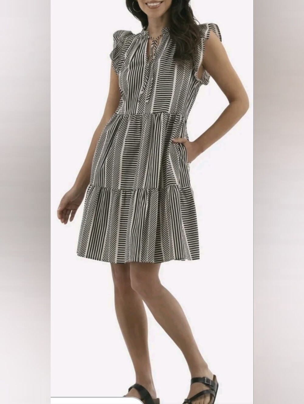 Time and Tru Black and White Striped Tiered Tie-Neck Mini Dress